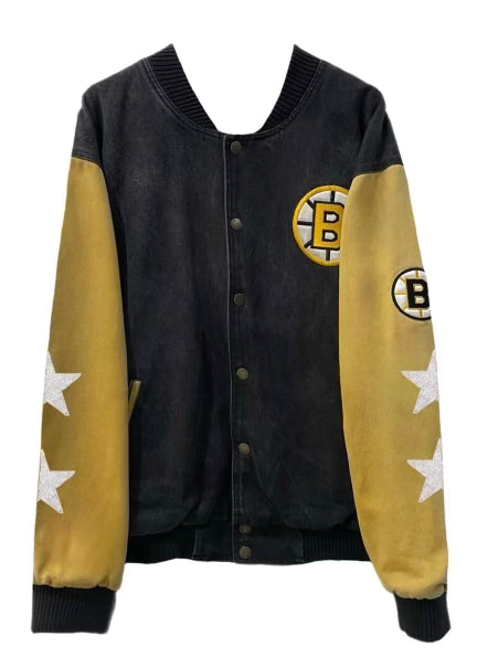 Boston Bruins, Hockey One of a KIND Vintage Bomber Jacket with Crystal Stars Design
