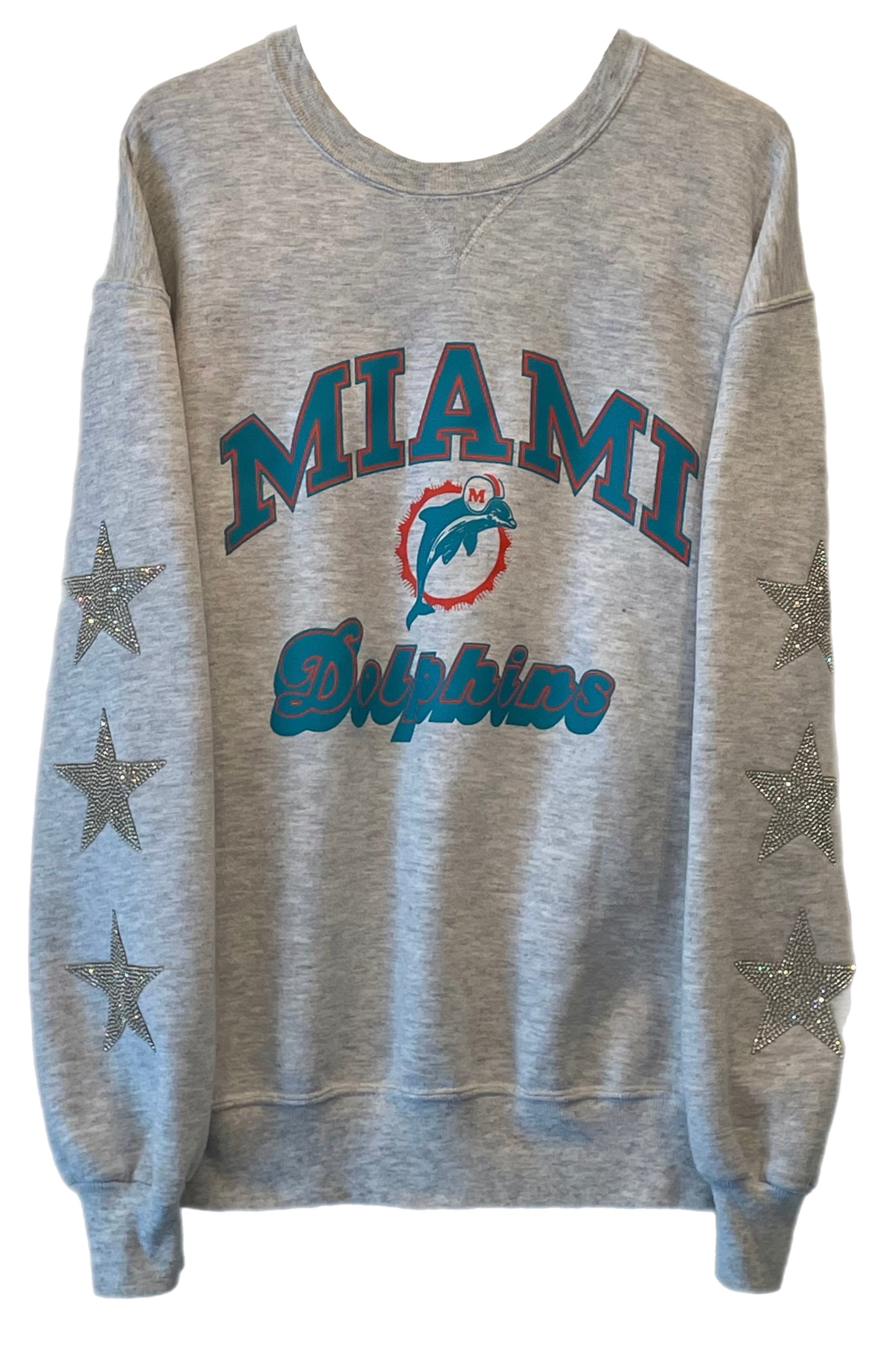 ShopCrystalRags Miami Dolphins, NFL One of A Kind Vintage Sweatshirt with Three Crystal Star Design