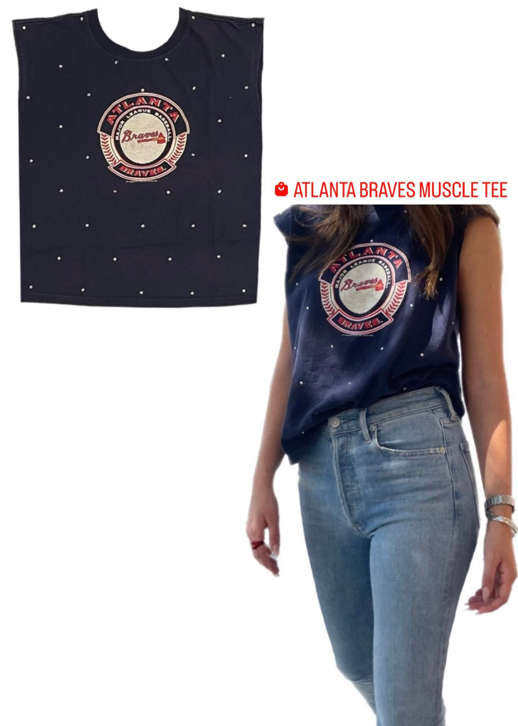 Atlanta Braves, NFL One of a KIND Vintage Muscle Tee with Overall Crystal Design
