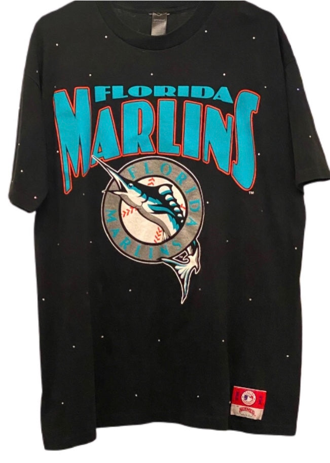 ShopCrystalRags Miami Marlins, MLB One of A Kind Vintage Tee with Overall Crystal Design