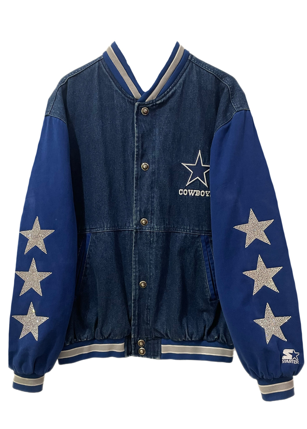 Dallas Cowboys, NFL “Super Rare Find” One of a KIND Vintage Denim Jacket with Three Crystal Star Design.