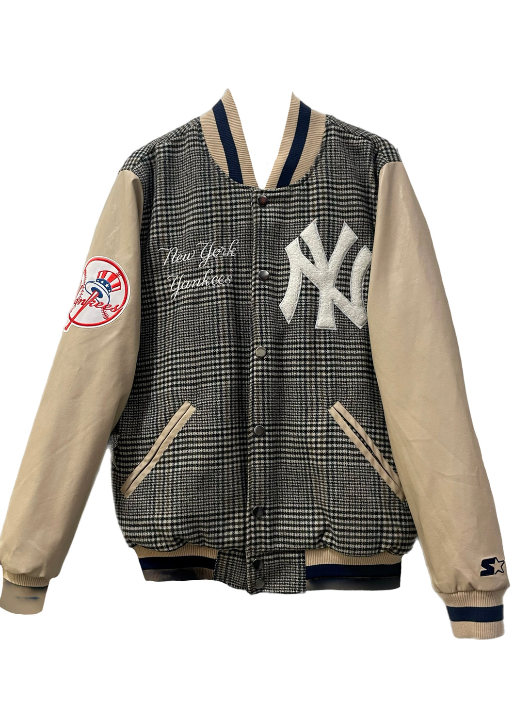 NY Yankees, MLB One of a KIND Vintage Starter Plaid and Leather Jacket With Crystal Star Design