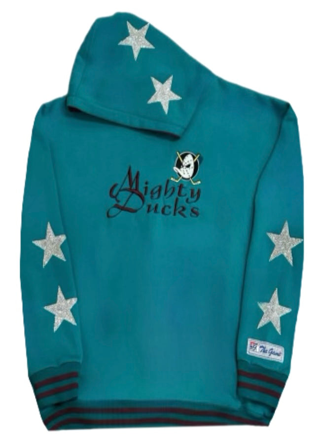 Anaheim Ducks, NHL One of a KIND Vintage “Mighty Ducks” Hoodie with Crystal Star Design on Sleeves & Hood - Size: Large