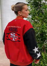 Load image into Gallery viewer, San Francisco 49ers, Football “Rare Find” One of a KIND Vintage  Bomber Jacket with Black Crystal Star Design
