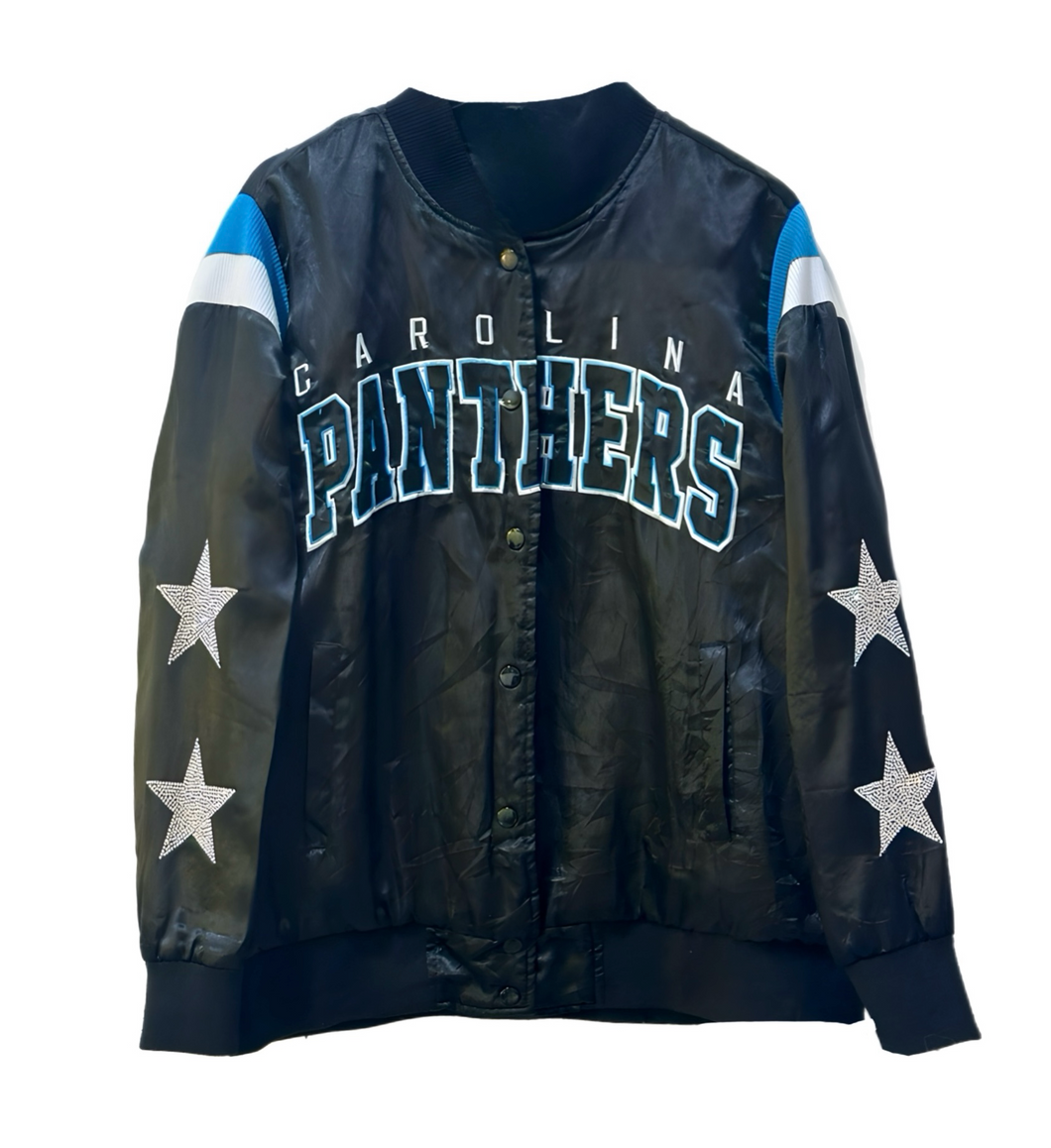 Carolina Panthers, Football One of a KIND Soft Satiny Vintage Bomber Jacket with Crystal Star Design