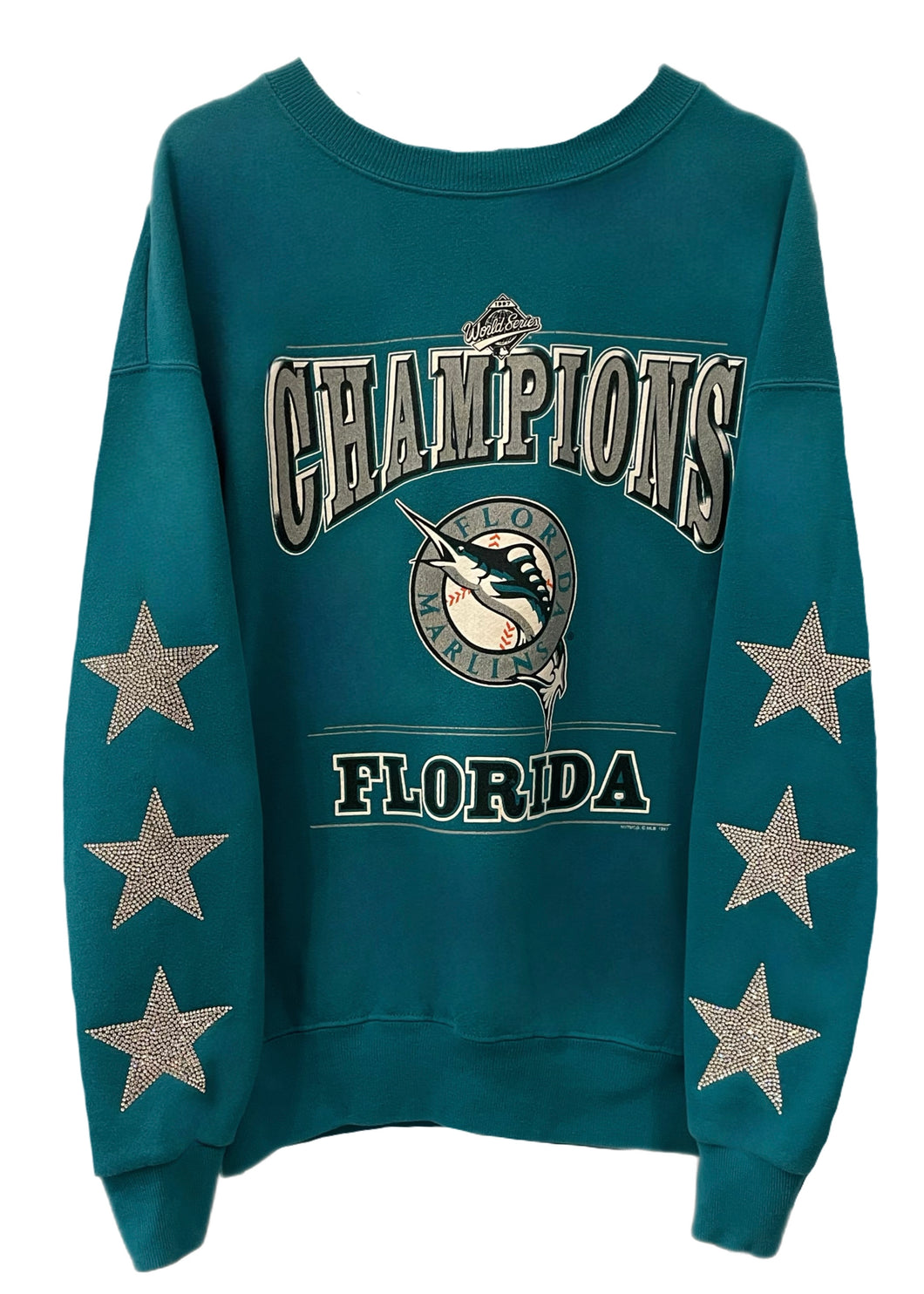 Miami Marlins, MLB One of a KIND Vintage Sweatshirt with Three Crystal Star Design.