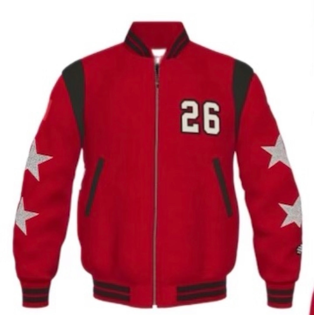 Ferrari Race, One of a KIND Custom Bomber Jacket with Crystal Star Design, Crystal Name & Custom Patches