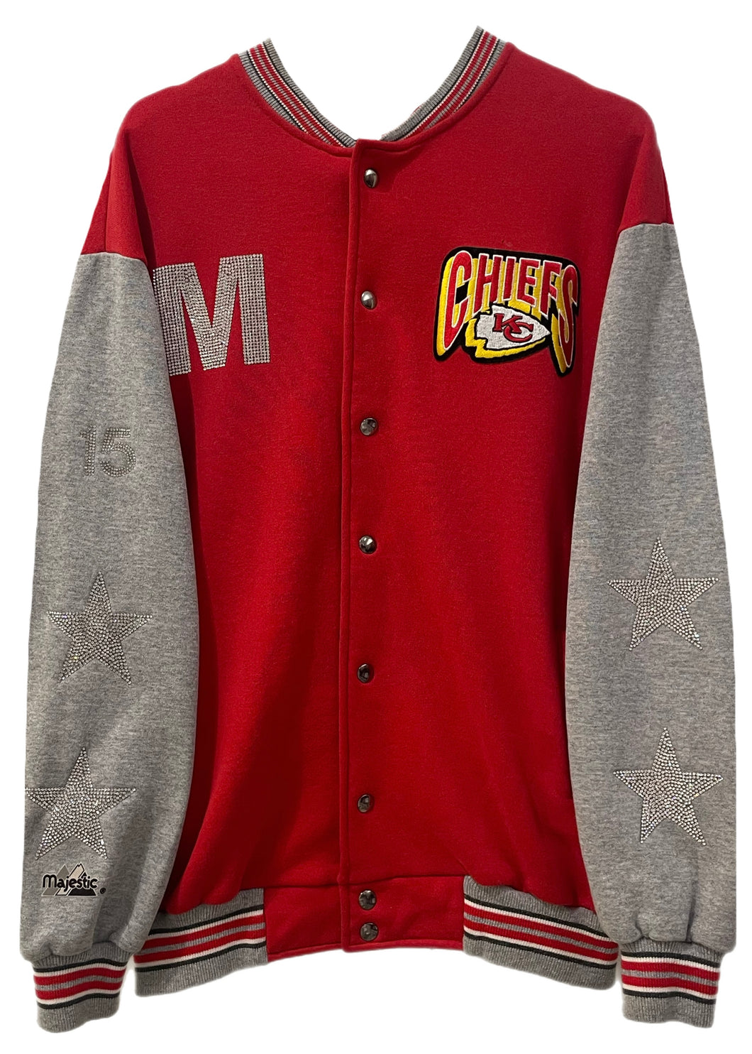 Kansas City Chiefs, NFL One of a KIND Vintage Button Up Jacket  with Patches, Crystal Star Design, Custom Crystal Number, Varsity Letter
