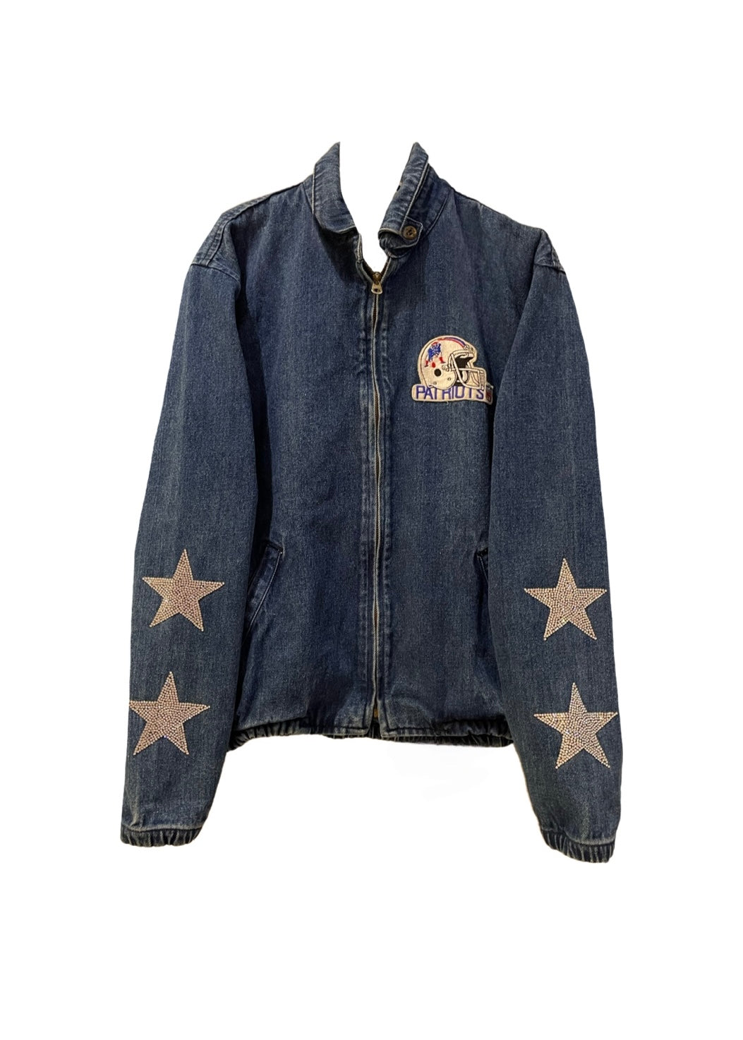 New England Patriots, Football One of a KIND Vintage “Rare Find” Denim Bomber Jacket with Crystal Star Design