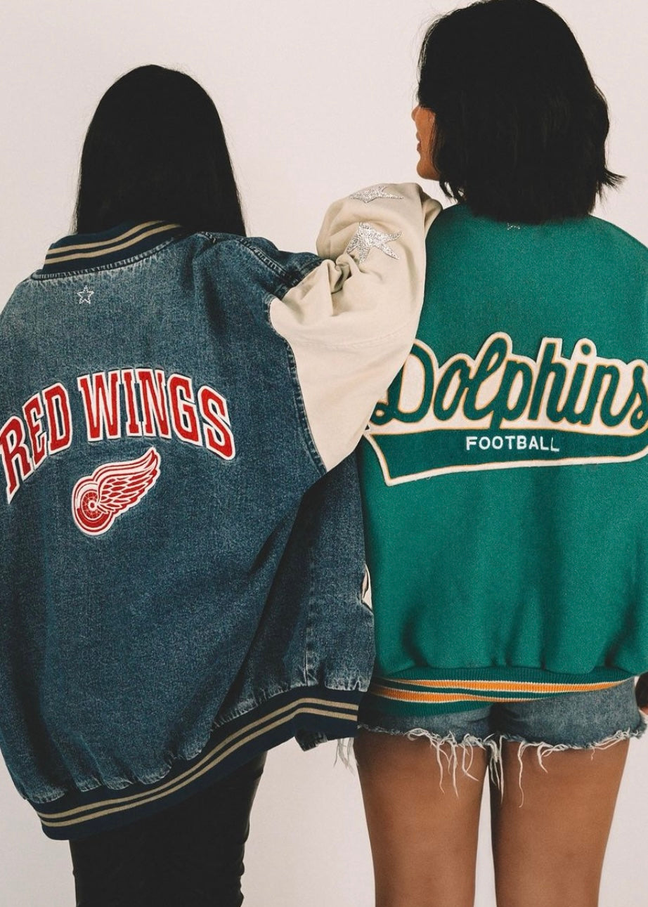 Miami Dolphins, Football “Rare Find” One of a KIND Vintage Leather Letterman Jacket with Crystal Star Design