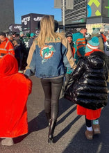 Load image into Gallery viewer, Miami Dolphins, Football “Super Rare Find” One of a KIND Vintage Denim Jacket with Three Crystal Star Design
