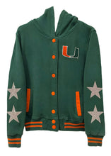 Load image into Gallery viewer, University of Miami, One of a KIND Vintage Rare Find Button Up Hoodie Miami Hurricanes Sweatshirt with Crystal Star Design
