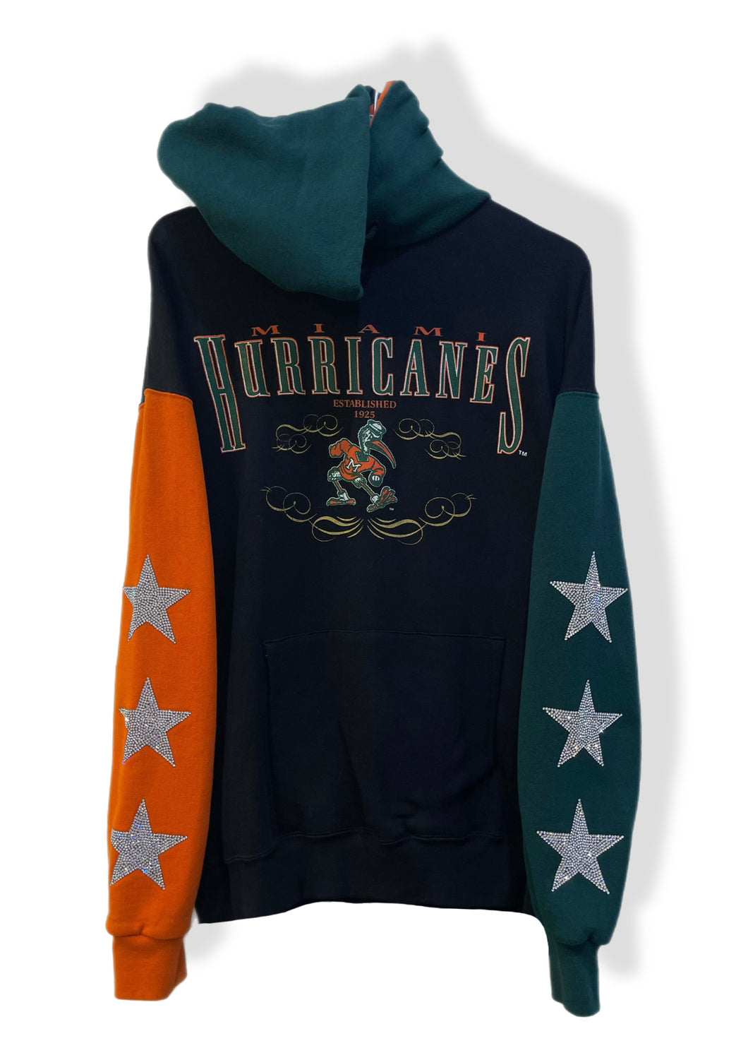 University of Miami, One of a KIND Vintage Miami Hurricanes Hoodie with Three Crystal Star Design