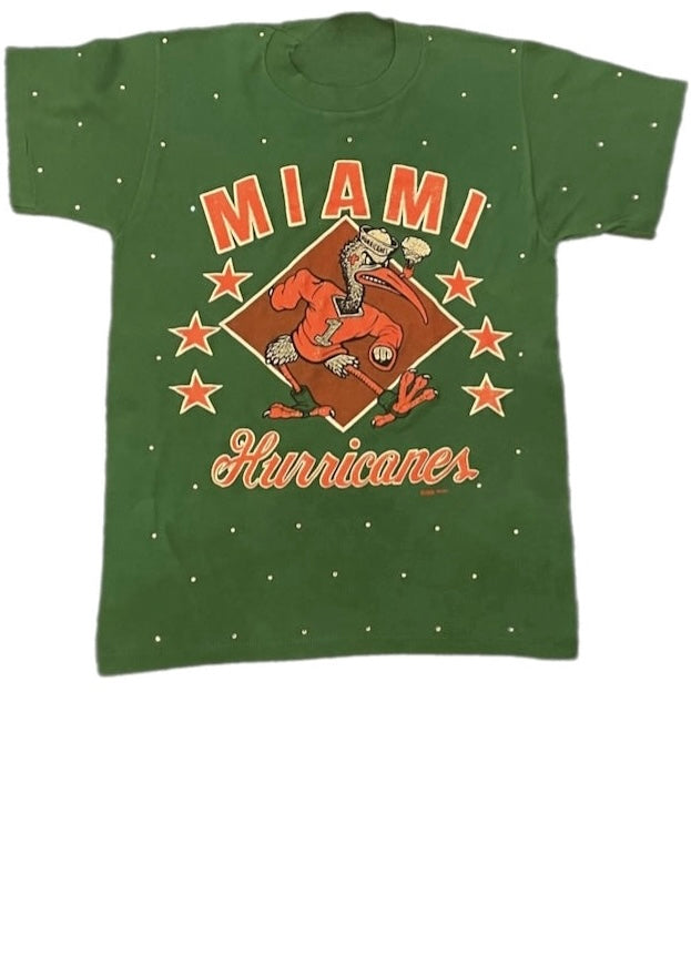 University of Miami, One of a KIND “Rare Find” Vintage Miami Hurricanes Tee with Overall Crystal Design
