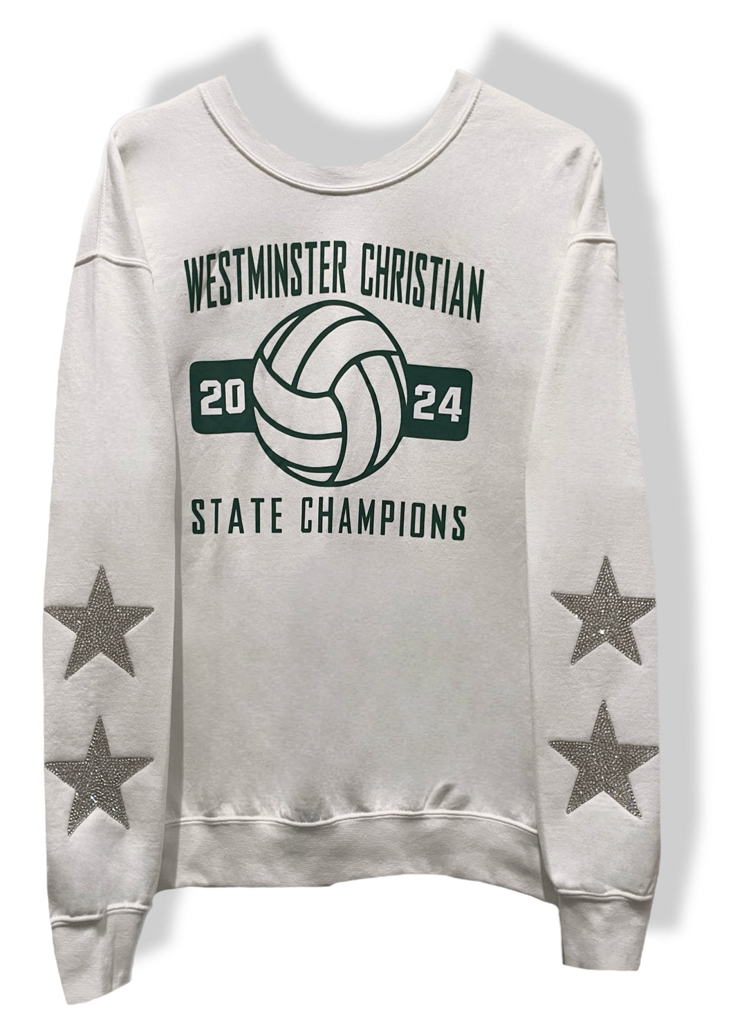 Westminster Christian School, One of a KIND “Special Edition, Volleyball State Champions” Sweatshirt with Crystal Star Design, Custom Crystal Name & Number