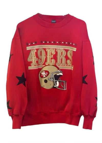 San Francisco 49ers, NFL One of a KIND Vintage Sweatshirt with All Over Black Crystal Star Design