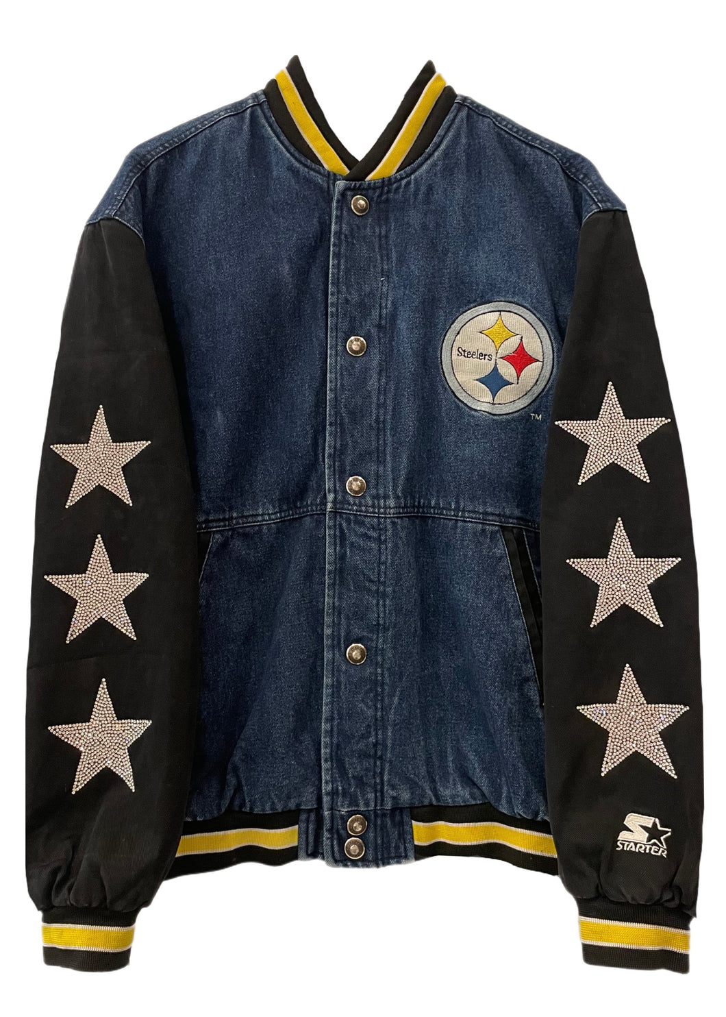 Pittsburgh Steelers, NFL “Super Rare Find” One of a KIND Vintage Denim Jacket with Three Crystal Star Design