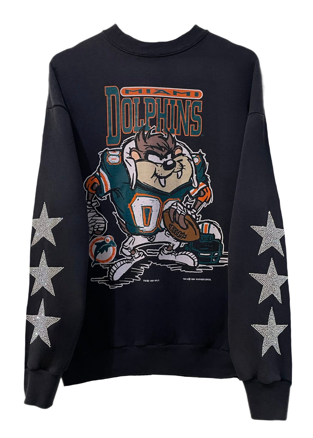 Miami Dolphins, Football One of a KIND “Rare Find Collectors Piece” 1994 Taz Vintage Sweatshirt with Three Crystal Star Design