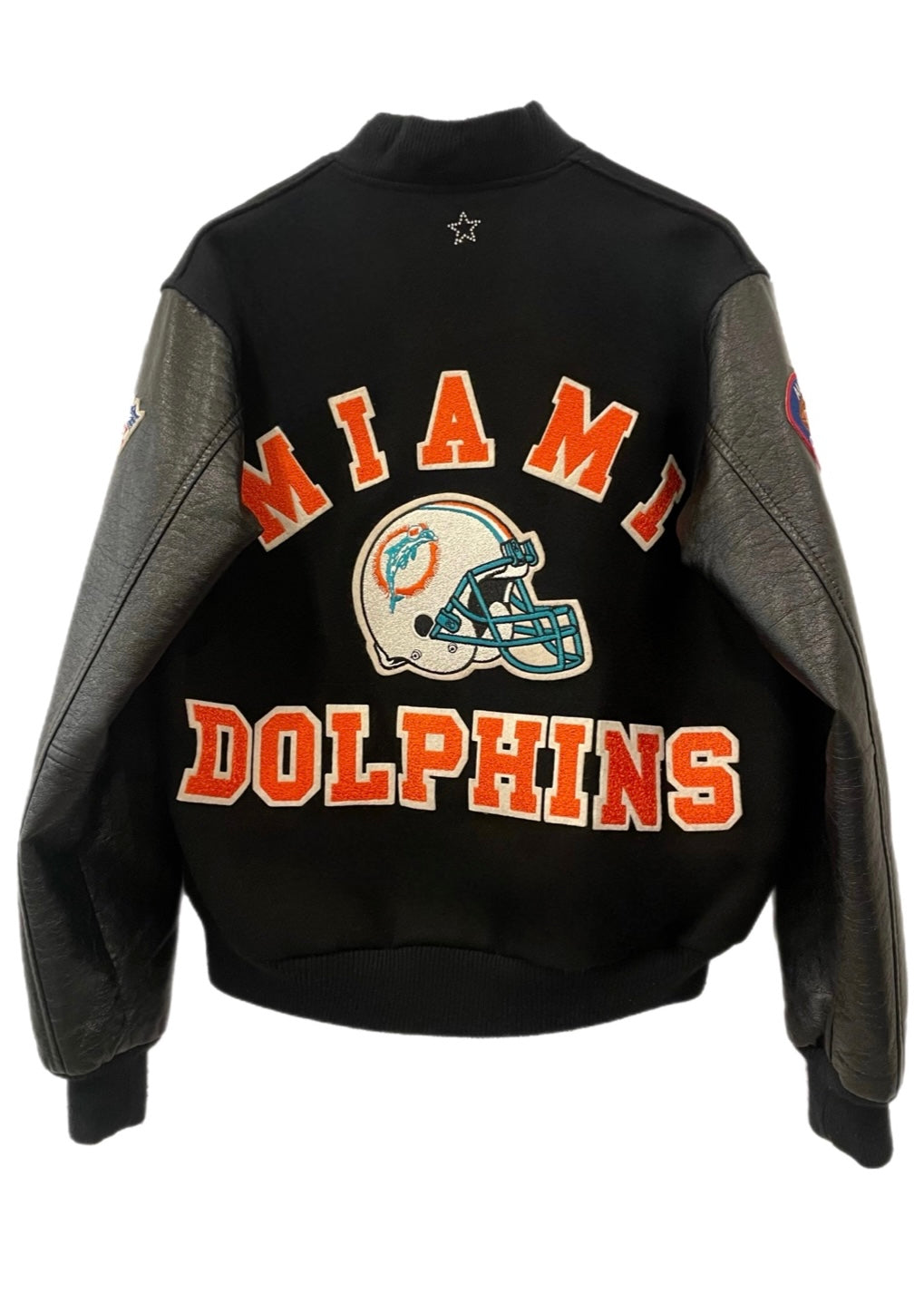 Miami Dolphins, NFL “Rare Find” One of a KIND Vintage Leather Letterman’s Jacket with Crystal Star Design, Custom Name