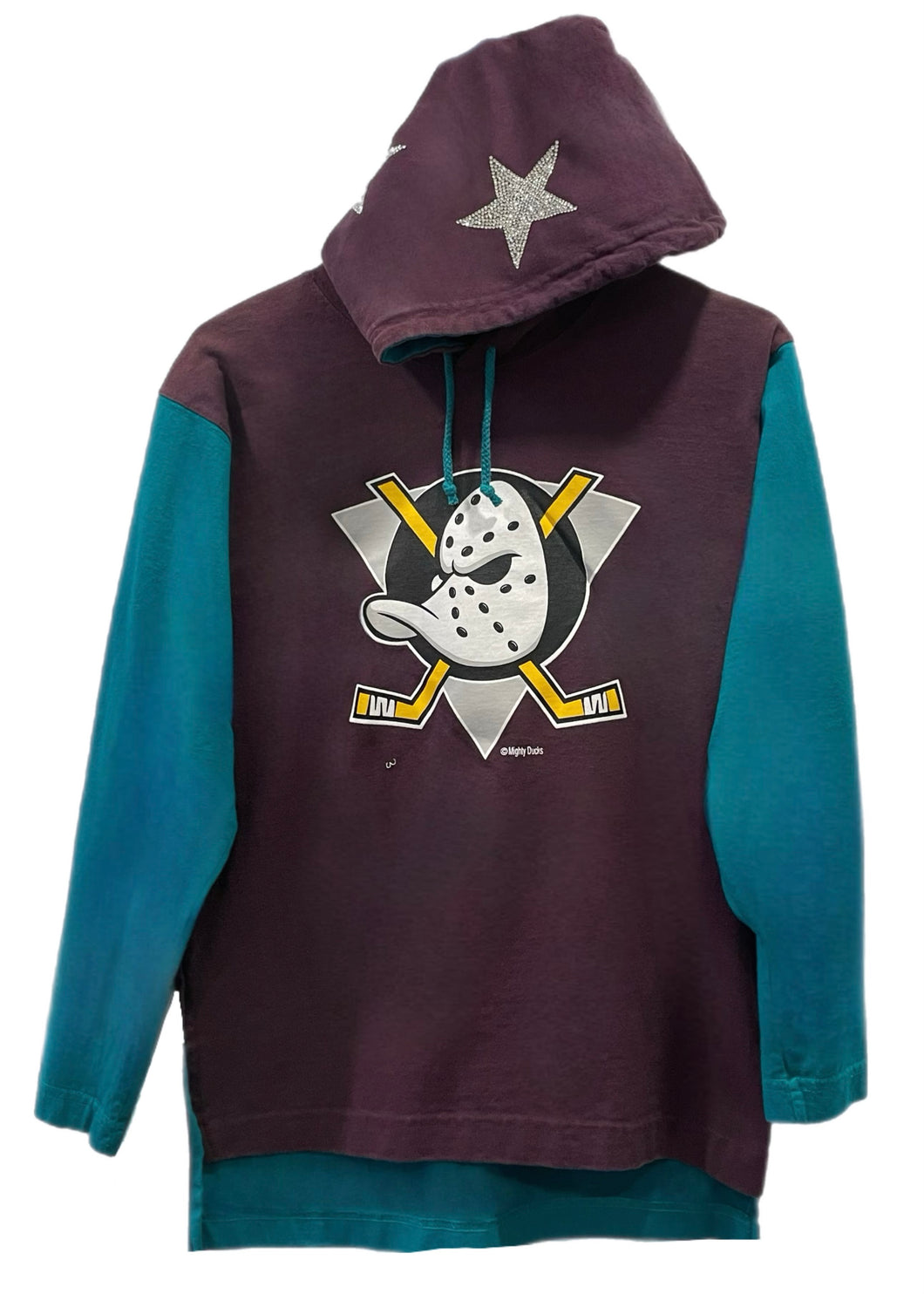 Anaheim Ducks, NHL One of a KIND Vintage “Mighty Ducks” Hoodie with Crystal Star Design on Hood - Size: Small