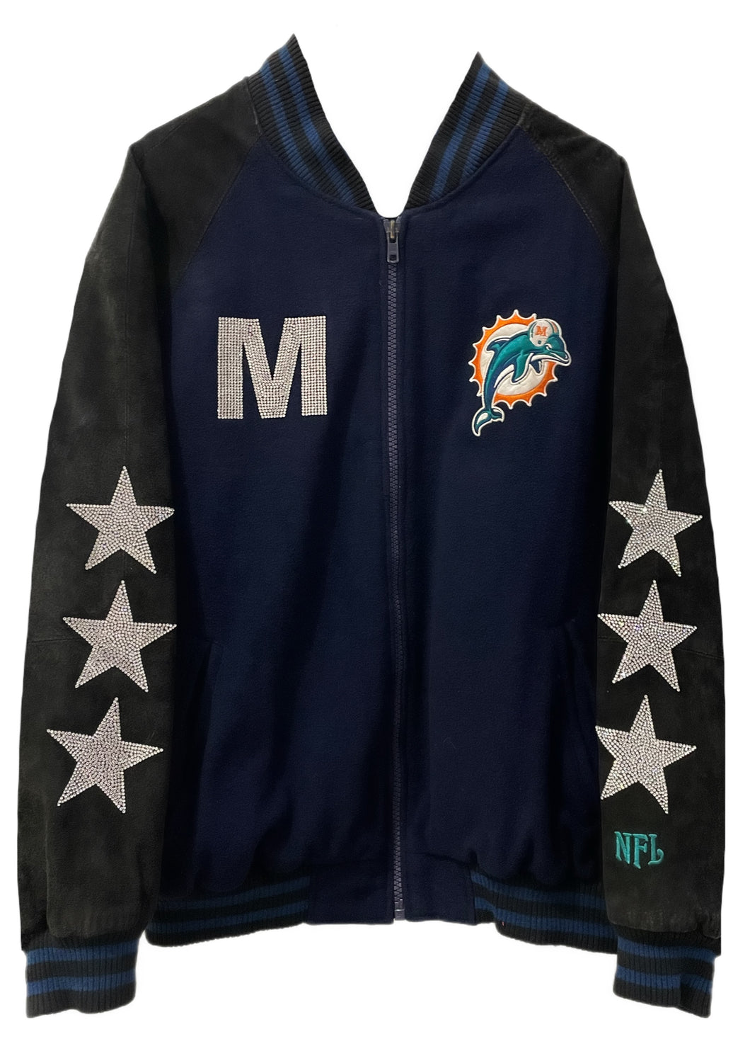 Miami Dolphins, NFL “Rare Find” One of a KIND Vintage Suede Jacket with Three Crystal Star Design, Custom Crystal Number & Initial