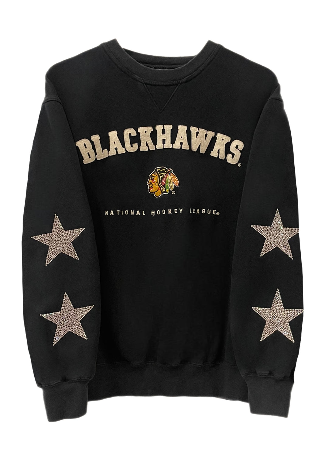 Chicago Blackhawks, Football One of a KIND Vintage Sweatshirt with Crystal Star Design, Custom Name + Number