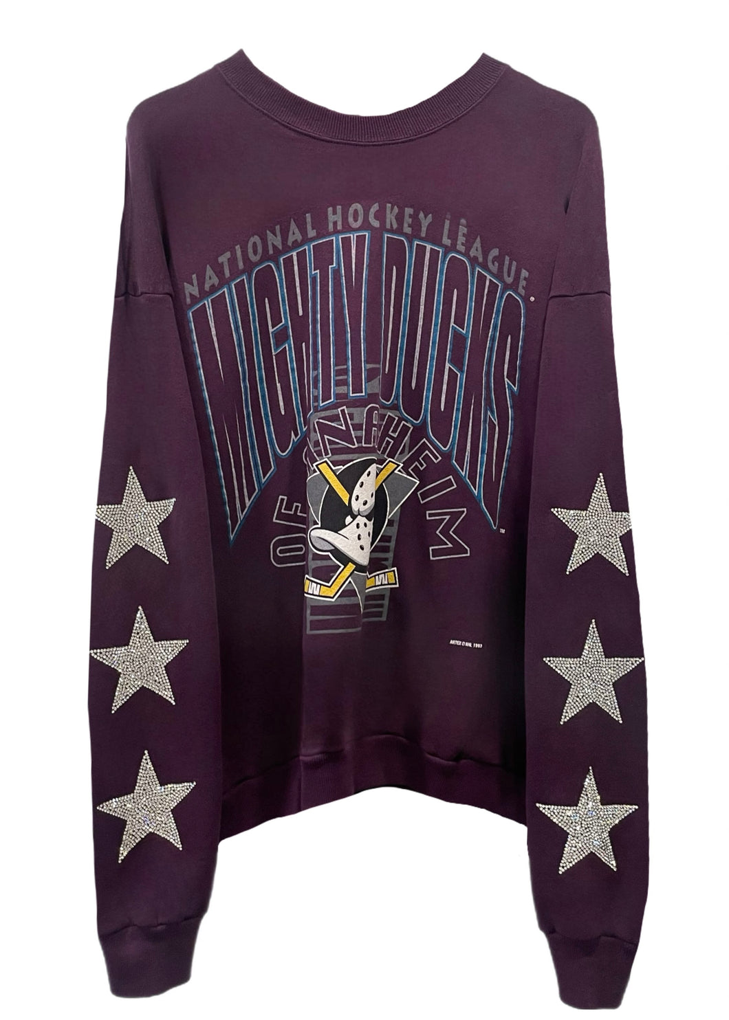 Anaheim Ducks, NHL One of a KIND Vintage “Mighty Ducks” Rare Find Sweatshirt with Three Crystal Star Design - Size: L/XL