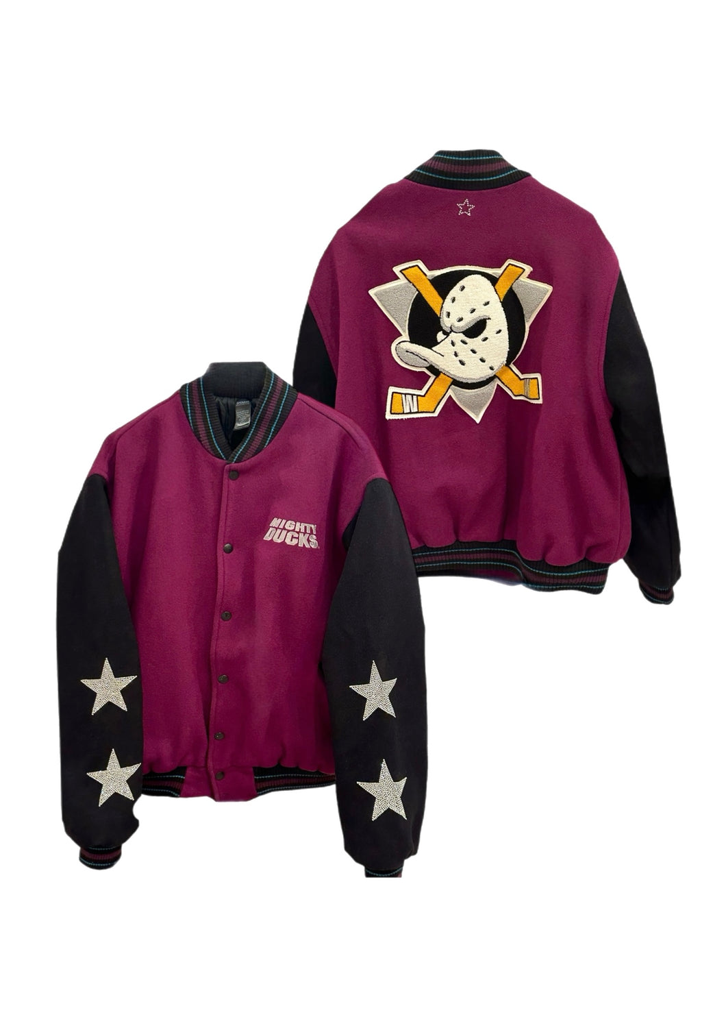 Anaheim Ducks, Hockey One of a Kind Vintage “Mighty Duck” Rare Find Letterman Varsity Jacket with Crystal Star Design