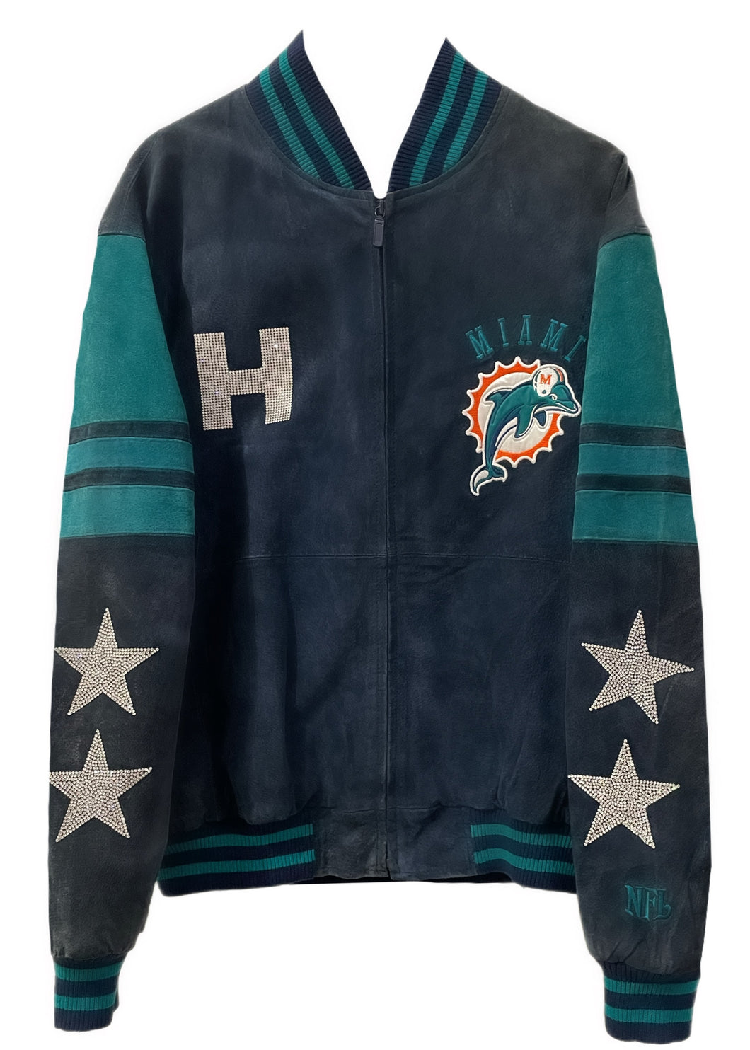 Miami Dolphins, Football “Rare Find” One of a KIND Vintage Suede Jacket with Crystal Star Design, Custom Crystal Number & Initial