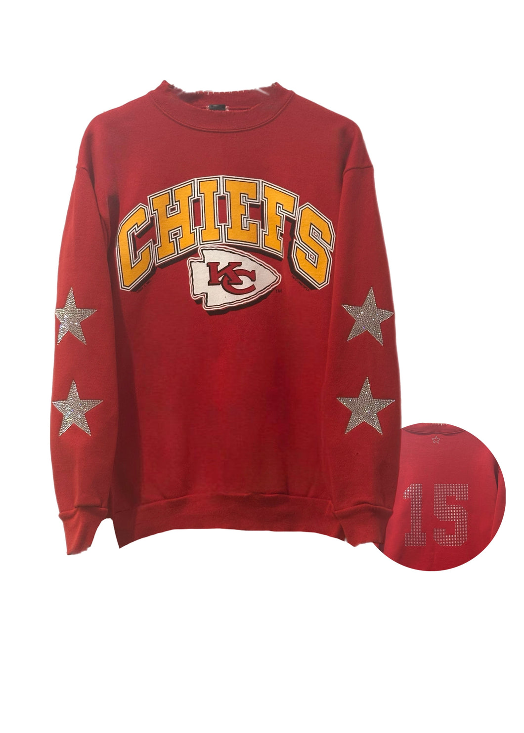 Kansas City Chiefs, NFL One of a KIND Vintage Sweatshirt with Crystal Star Design, Custom Crystal Large Number