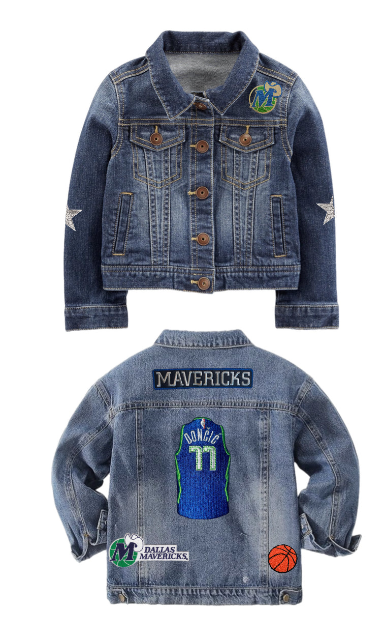 Dallas Mavericks, NBA Custom Baby Denim Jacket with Vintage Patches and Crystal Star Design