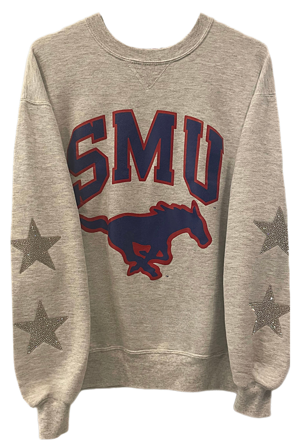 Southern Methodist University, One of a KIND Vintage Frayed SMU Sweatshirt with Crystal Star Design.