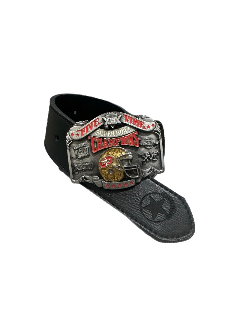 San Francisco 49ers, Football Vintage “Rare Find” Five Time Super Bowl Champions Belt Buckle with New Soft Leather Strap