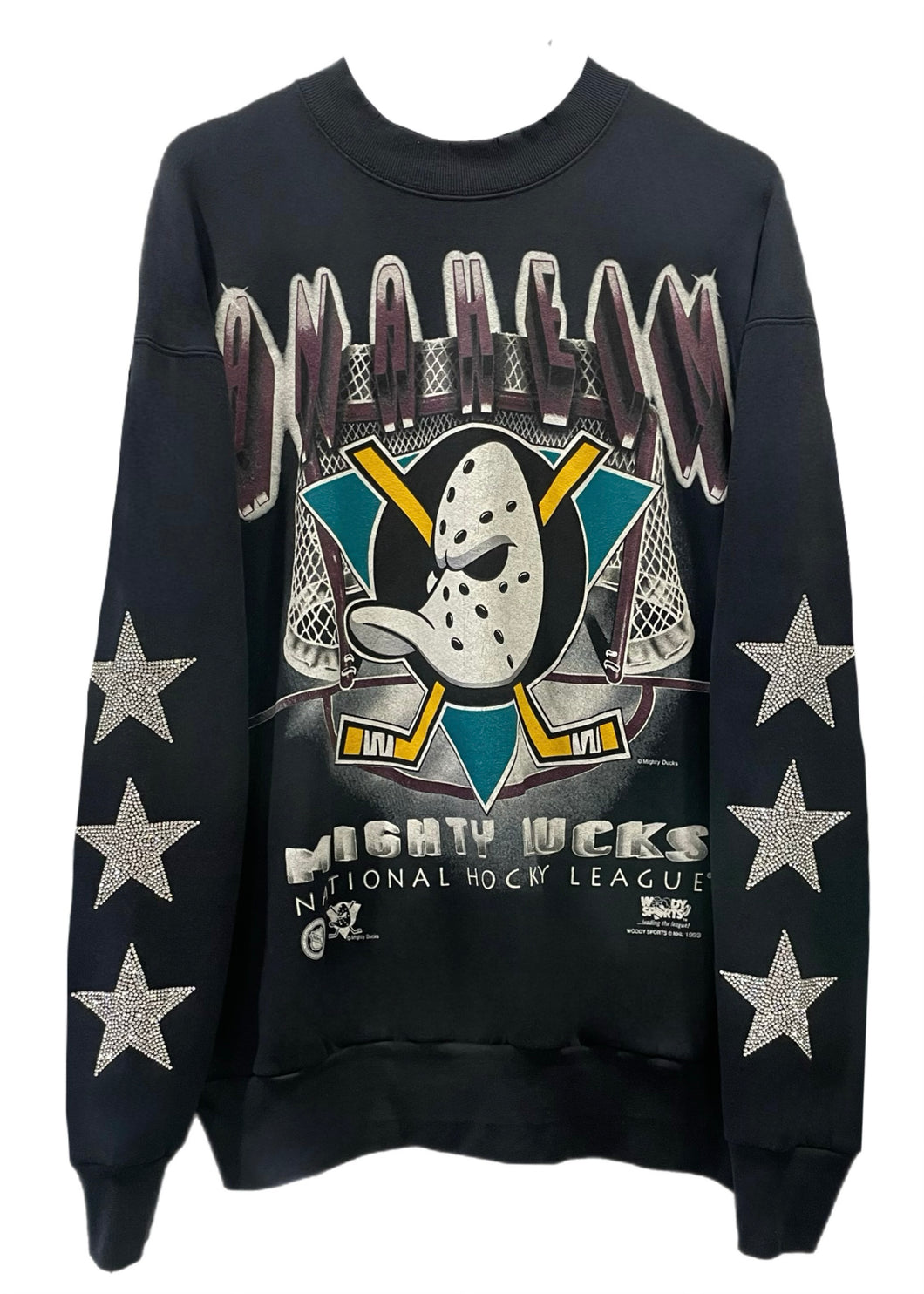 Anaheim Ducks, NHL One of a KIND Vintage “Mighty Ducks” Super Rare Find 1993 Sweatshirt with Three Crystal Star Design - Size: L/XL