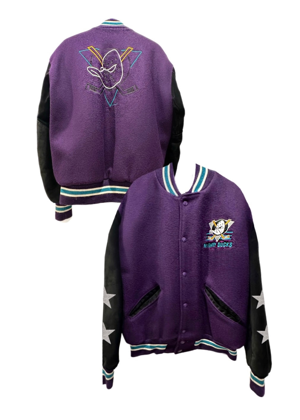 Anaheim Ducks, Hockey One of a Kind Vintage “Mighty Duck” Rare Find Bomber Jacket, Suede Sleeves with Crystal Star Design