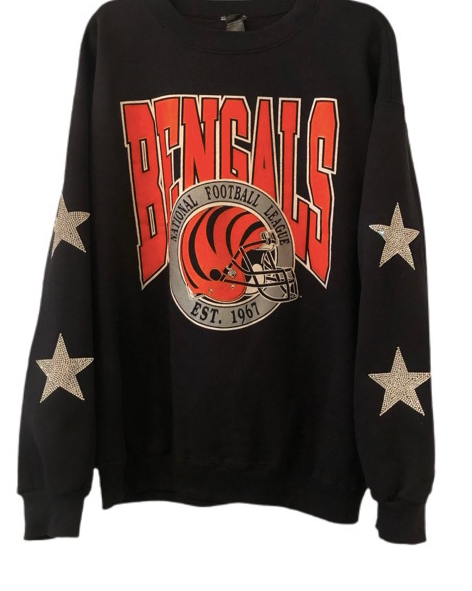 Cincinnati Bengals, NFL One of a KIND Vintage Sweatshirt with Crystal Star Design + Custom Crystal Name + #