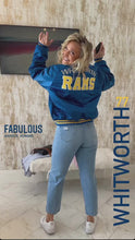 Load and play video in Gallery viewer, LA Rams, NFL One of a KIND Vintage Bomber Jacket with Custom Crystal Name &amp; Number Design
