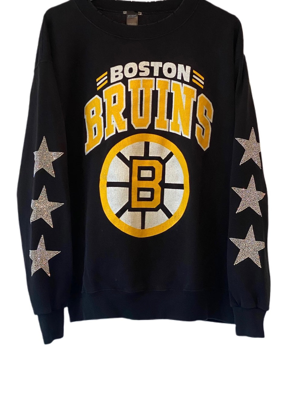 Boston Bruins, NHL One of a KIND Vintage Sweatshirt with Three Crystal Stars Design, Custom Crystal Number