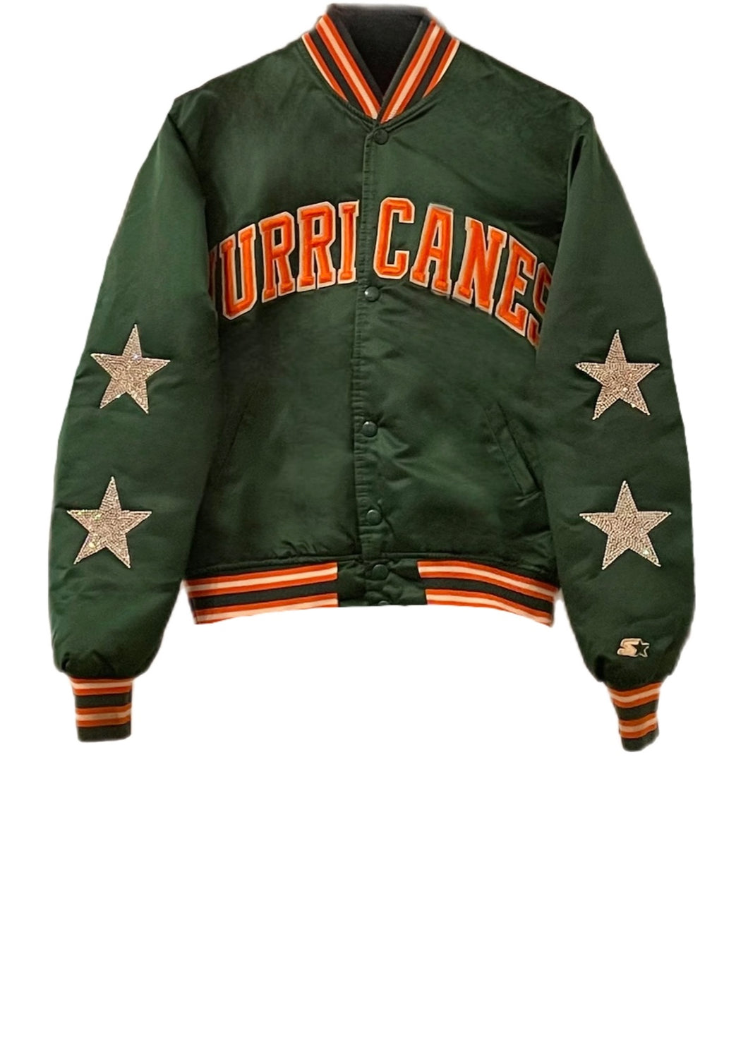 University of Miami, One of a KIND ”Rare Find” Vintage Miami Hurricanes, UM Early 90’s Satin Bomber Jacket with Crystal Star Design