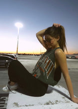 Load image into Gallery viewer, University of Miami, One of a KIND Vintage UM Cropped Scrunch Sweatshirt Tank with Overall Crystal Design
