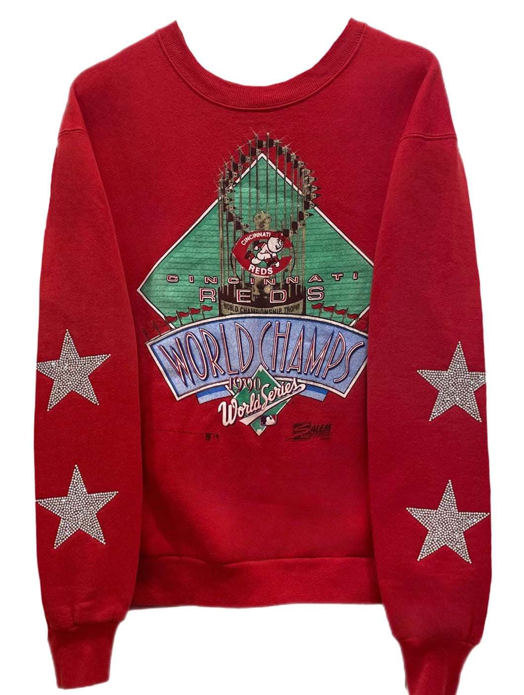 ShopCrystalRags Cincinnati Reds, MLB One of A Kind Vintage Sweatshirt with Crystal Star Design.