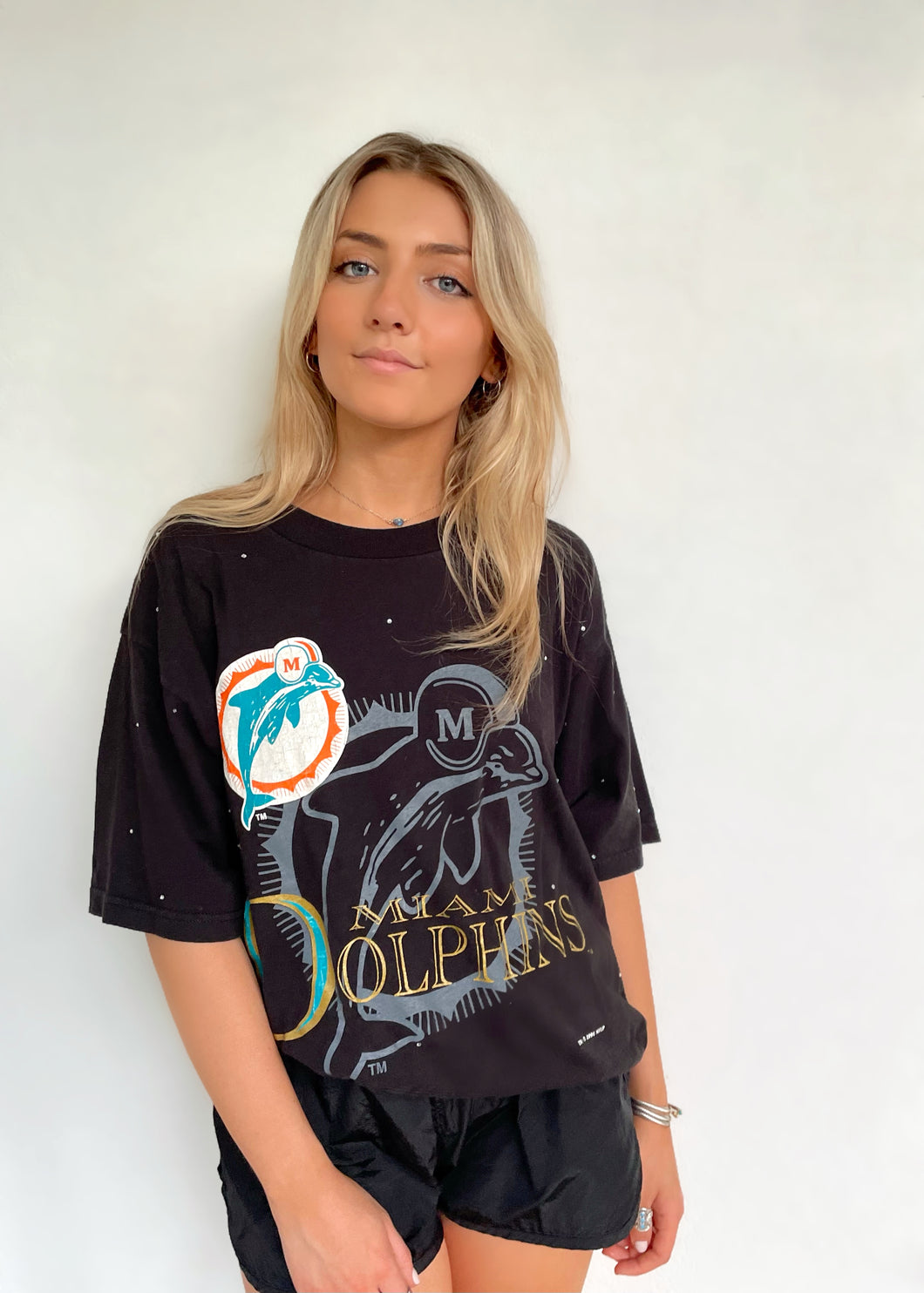 Miami Dolphins, NFL One of a KIND Vintage Tee with Overall Crystal Design