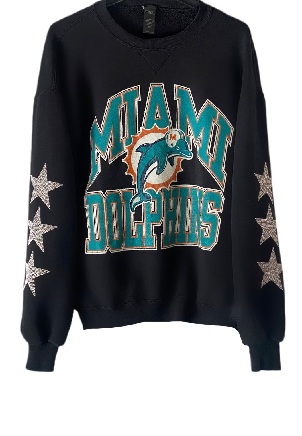 Miami Dolphins, NFL One of a KIND Vintage Sweatshirt with Three Crystal Star Design, Custom Name & Number
