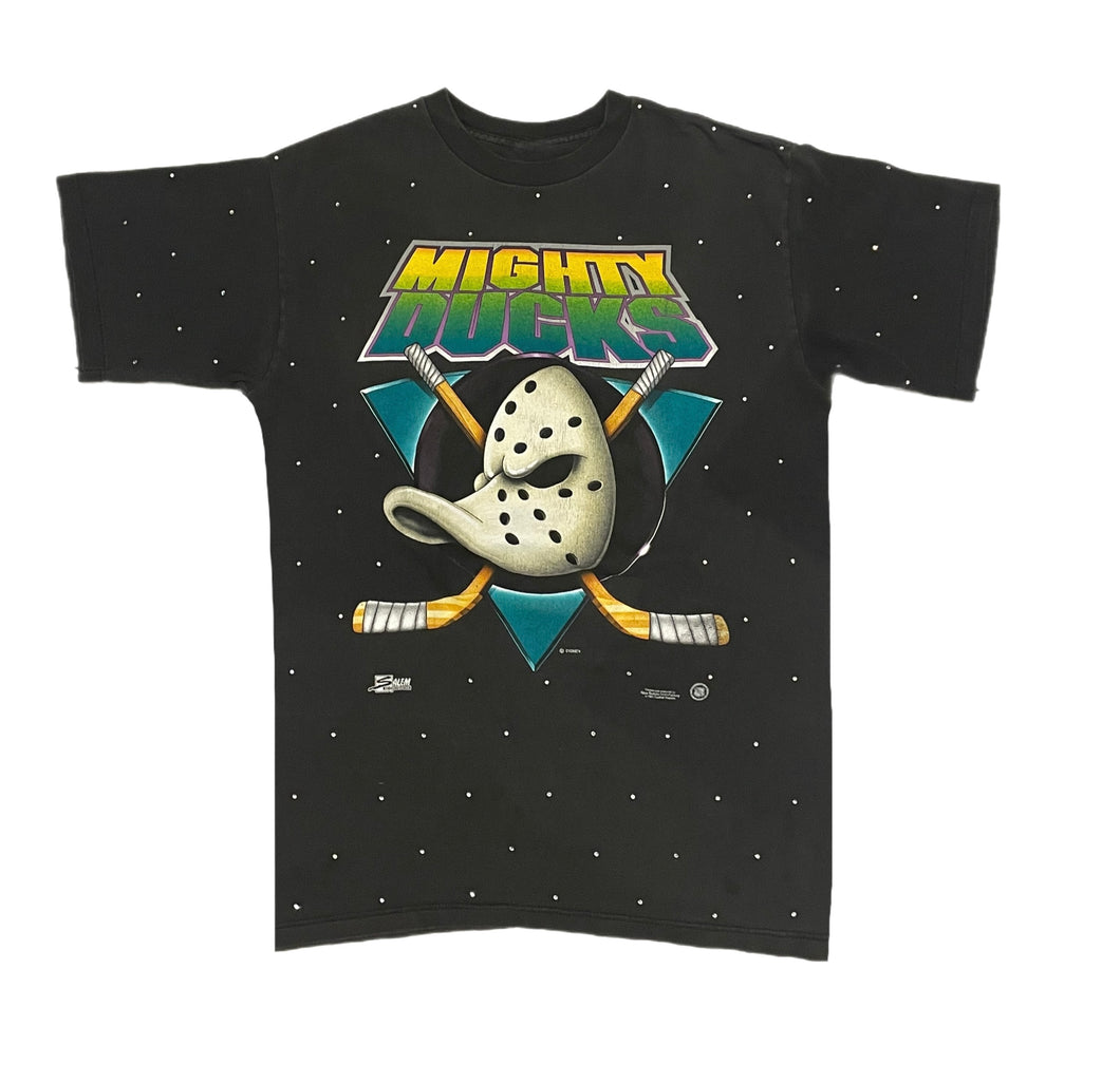 Anaheim Ducks, Hockey One of a KIND Vintage “Mighty Ducks” Tee with Overall Crystal Design.