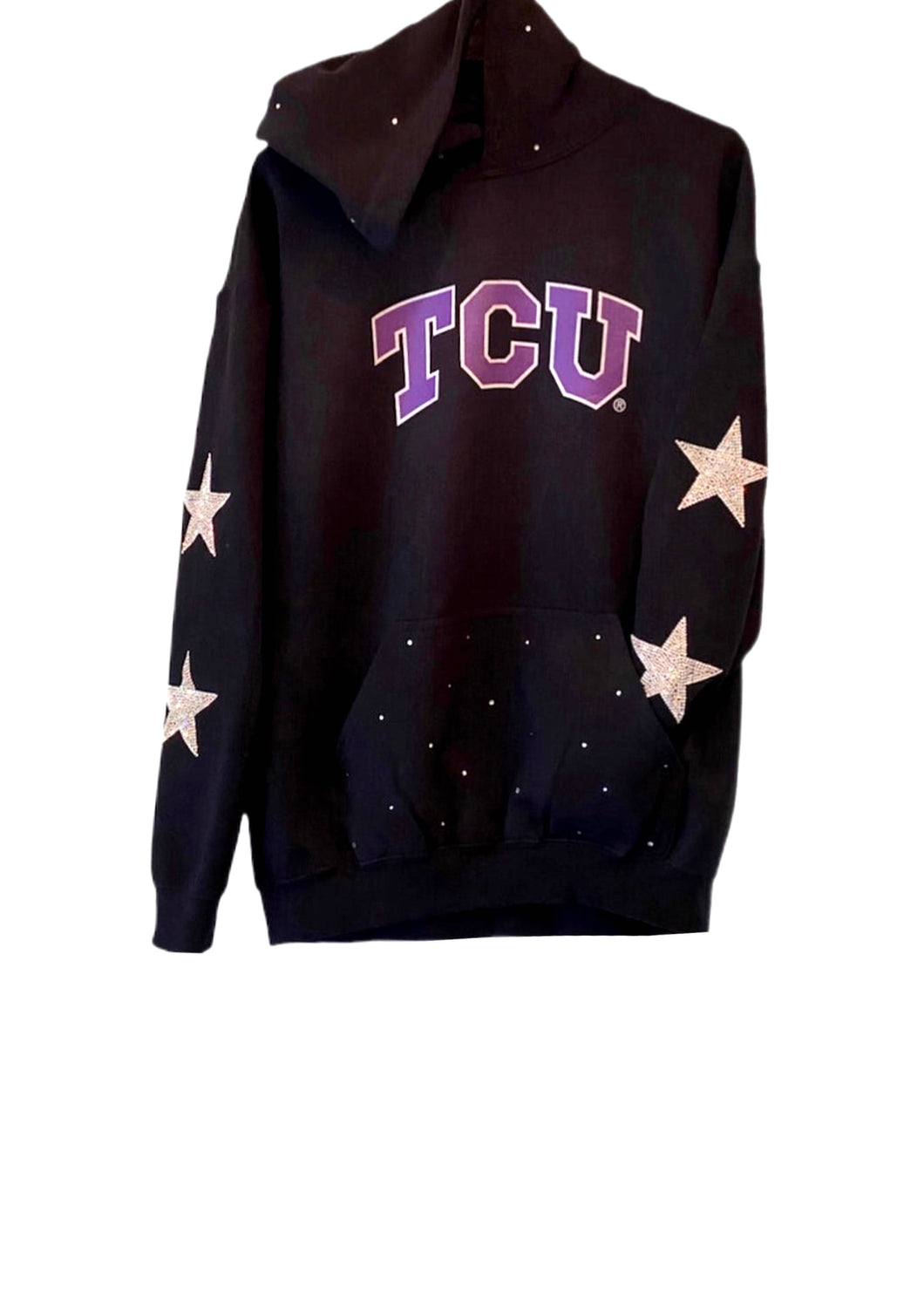 Texas Christian University, One of a KIND Vintage TCU Hoodie with Crystal Stars Design, Overall Crystals on Hood & Front Pocket