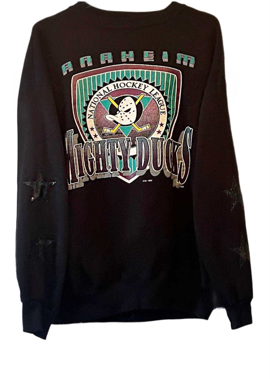 Anaheim Ducks, NHL One of a KIND “Rare” Vintage “Mighty Ducks” Sweatshirt with Black Crystal Star Design