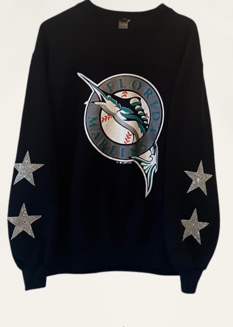 Miami Marlins, MLB One of a KIND Vintage Sweatshirt with Crystal Star Design.