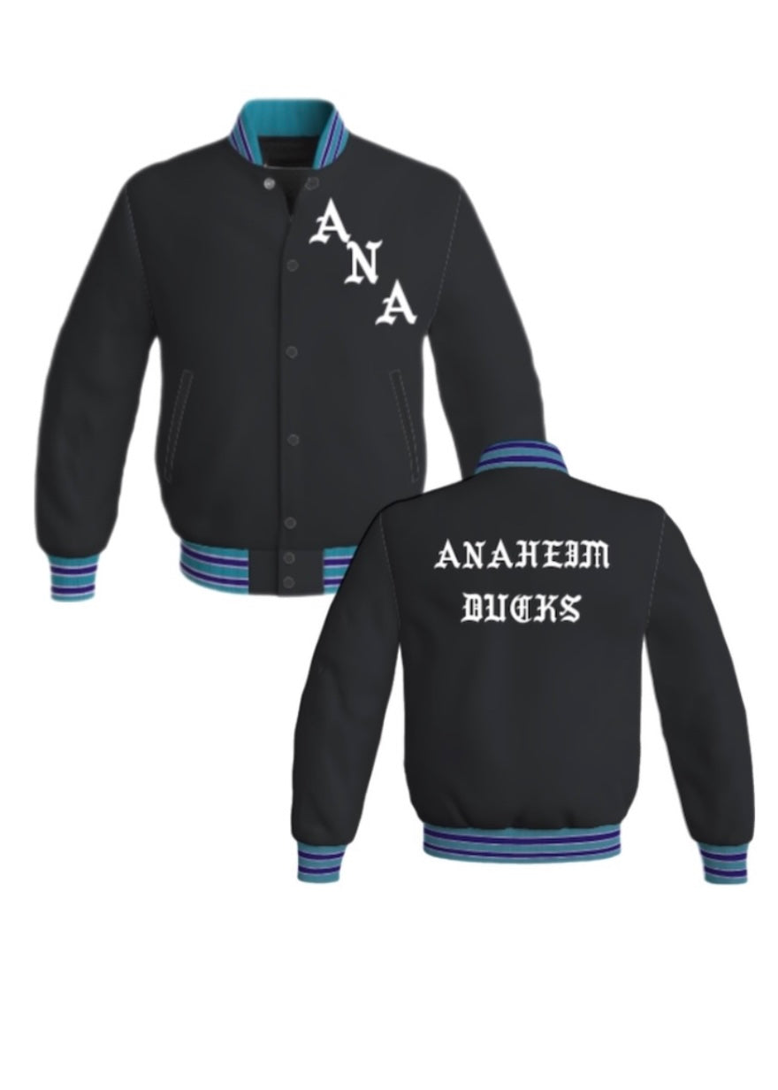 Anaheim Ducks, NHL Custom Satin Bomber Jacket with English Font Monogram with Black Crystal Star Design