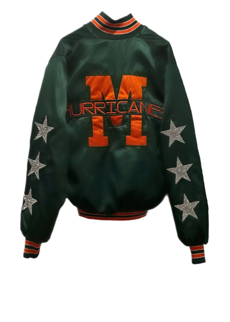 University of Miami, One of a KIND “Rare Find” Miami Hurricanes, UM Vintage Satin Bomber Jacket with Three Crystal Star Design