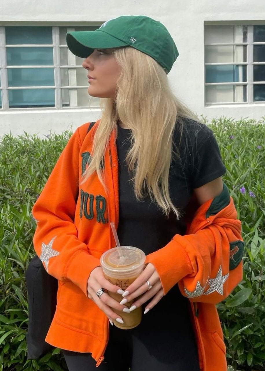 University of Miami, One of a KIND ”Rare Find” Vintage Miami Hurricanes, UM Zip Up Jacket with Overall Crystals Design